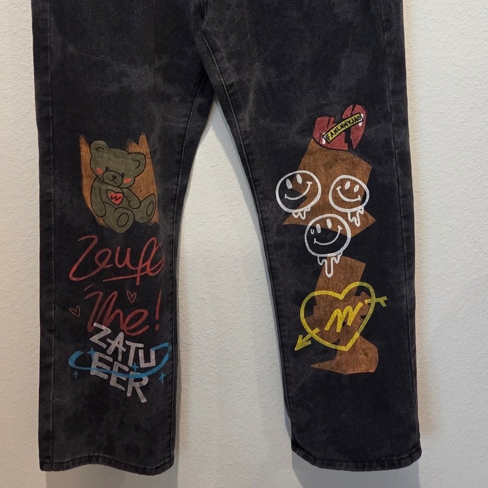 Unbranded Streetwear Graphic Jeans Straight‎ Leg Washed Black Graffiti Waist 32 - Picture 6 of 9